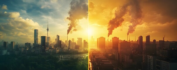 A striking comparison of urban landscapes, showcasing pollution and environmental change from day to dusk with contrasting skies and smoke.