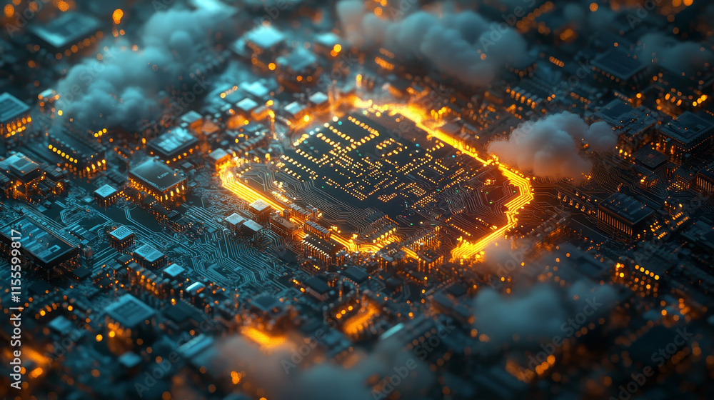 Aufkleber a circuit board in the form of a cloud. microchip cloud with arrow background. high-tech vector illu