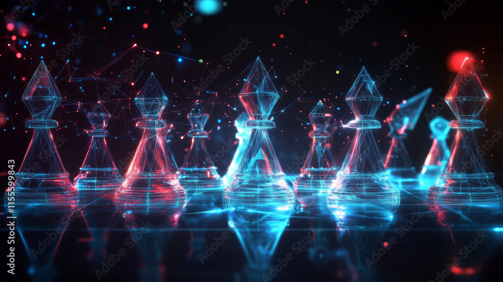 Poster hologram chess strategy. a chess strategy of polygons, triangles of points and lines. chess is a low