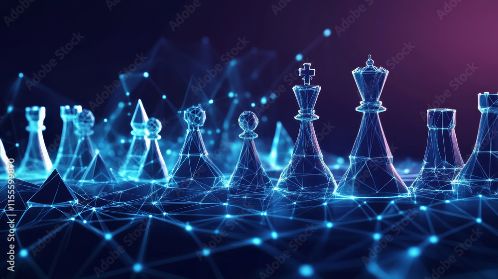 Poster hologram chess strategy. a chess strategy of polygons, triangles of points and lines. chess is a low
