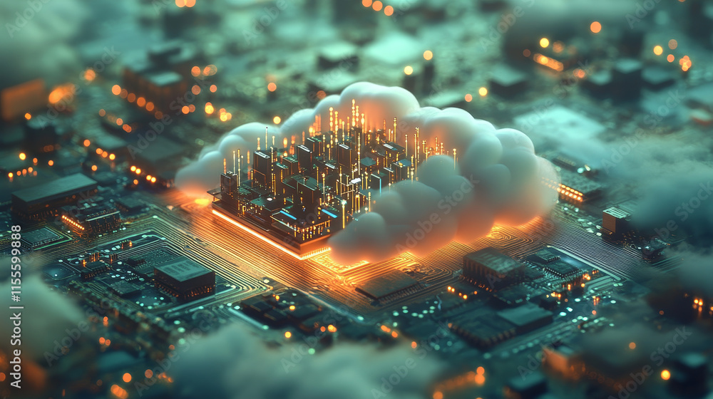 Aufkleber a circuit board in the form of a cloud. microchip cloud with arrow background. high-tech vector illu