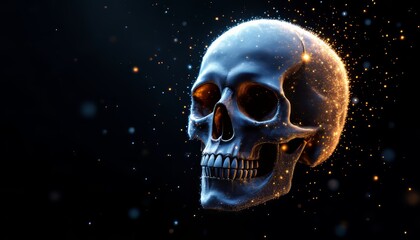 A glowing blue skull with sparkling details against a dark background.