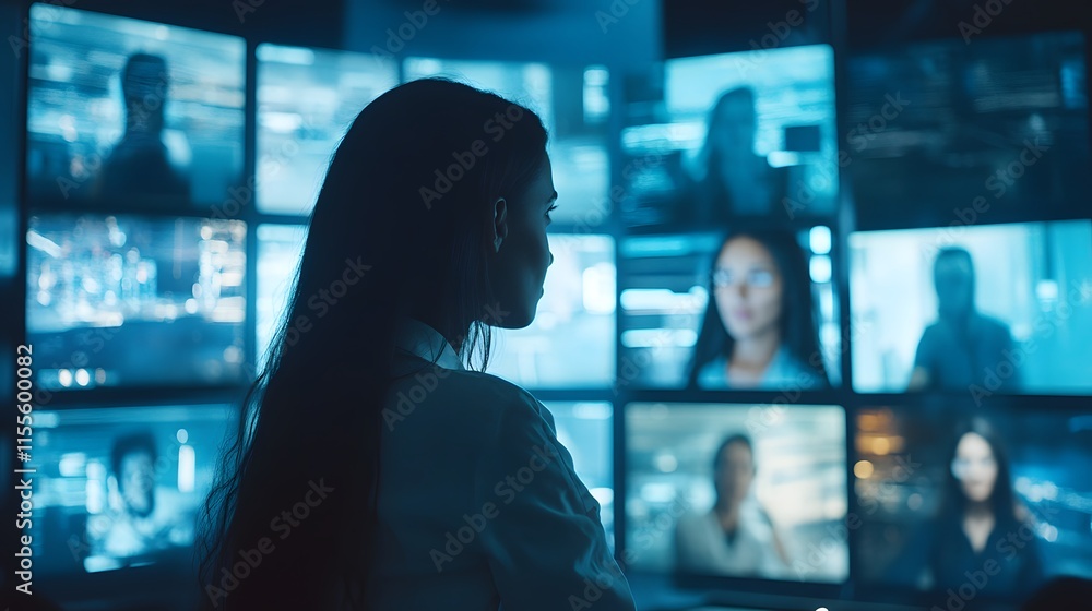 Poster a woman focuses intently on multiple screens displaying data and images, symbolizing the power of te