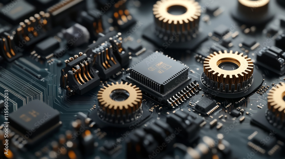 Aufkleber circuit board in the form of gears. microchip gears background. high-tech vector illustration of a g