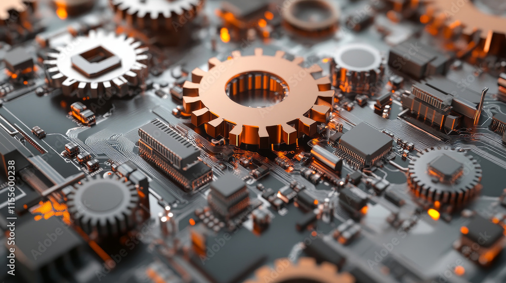 Poster circuit board in the form of gears. microchip gears background. high-tech vector illustration of a g
