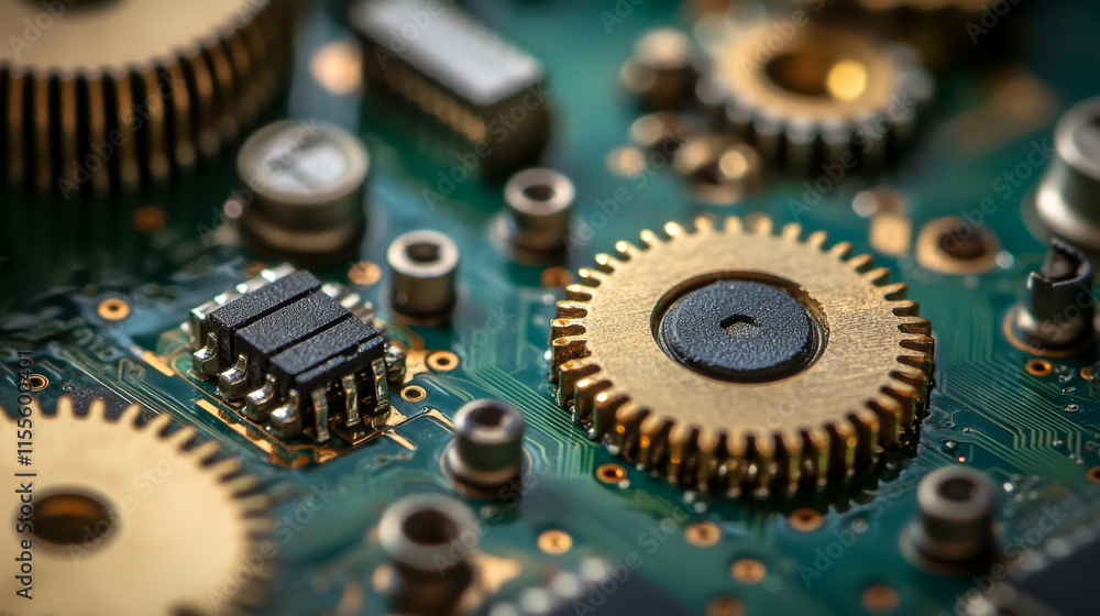 Poster circuit board in the form of gears. microchip gears background. high-tech vector illustration of a g