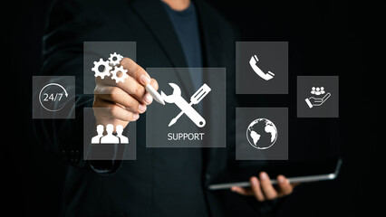 Technical support and customer service concept. Business technology solutions for global support, service management, Digital icon representing technical support, customer service and 24-7 assistance.