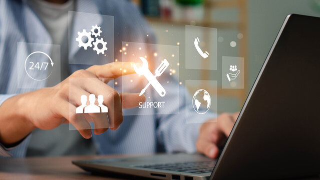 Technical support and customer service concept. Business technology solutions for global support, service management, Digital icon representing technical support, customer service and 24-7 assistance. - Powered by Adobe