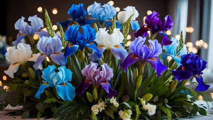 Stunning Arrangement of Vibrant Iris Flowers in Various Shades of Blue, Purple, and White