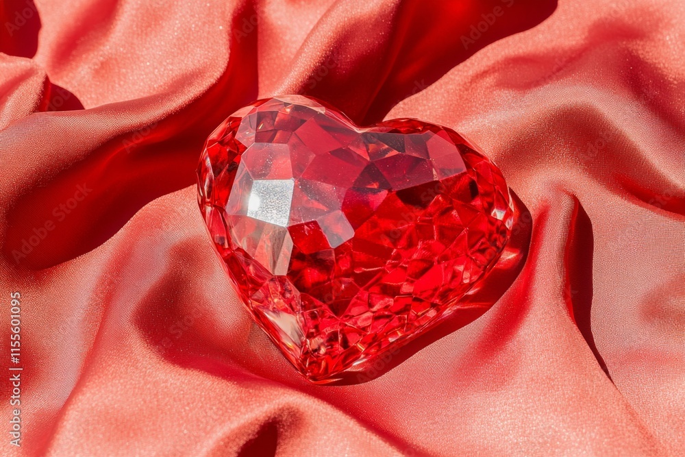 Poster a hyper-realistic image of a polished glass valentine heart with intricate reflections, resting on a