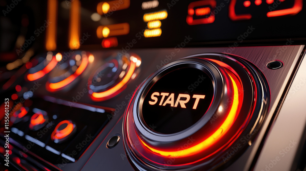 Aufkleber futuristic control panel with illuminated start button and dials, showcasing advanced technology and