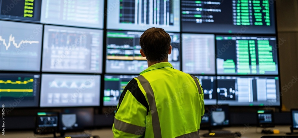 Poster a person in a safety jacket monitors data on multiple screens in a control room.