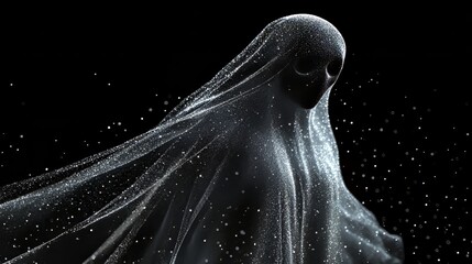 Naklejka premium Mysterious ghost figure with a sparkling veil against a dark background.
