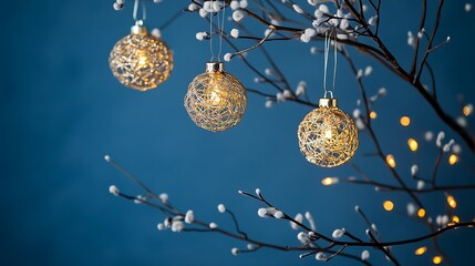 Glowing holiday decorations casting a festive glow on a serene midnight blue background