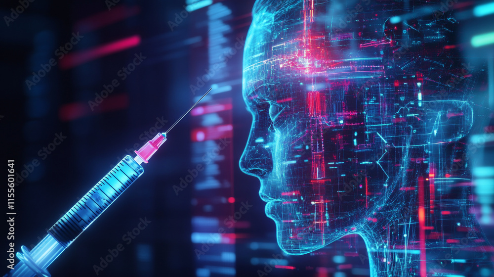 Poster the hologram is a vaccine. vaccination of polygons, triangles of dots and lines. the syringe and the