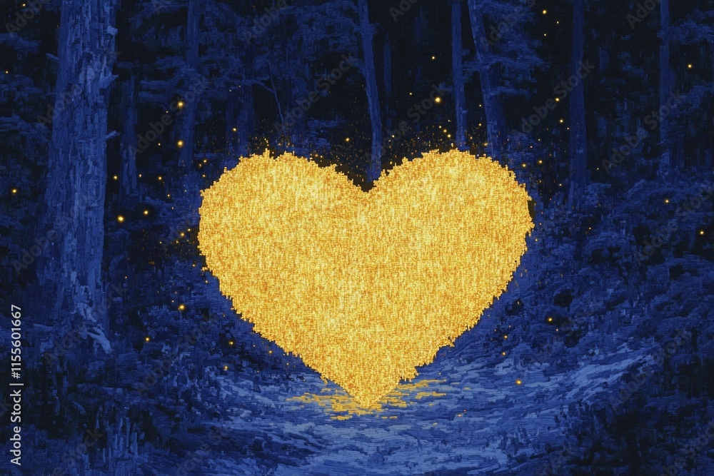 Poster a magical glowing valentine heart made of golden light, floating in a moonlit forest surrounded by t