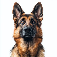 Portrait of a german shepherd dog with alert expression against white background