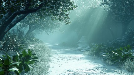 Sunbeams illuminate a snowy path winding through a tranquil winter forest.