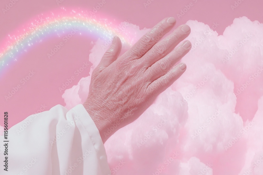 Poster a magical scene of a joyful person dancing on clouds under a glowing rainbow, with sparkles and whim