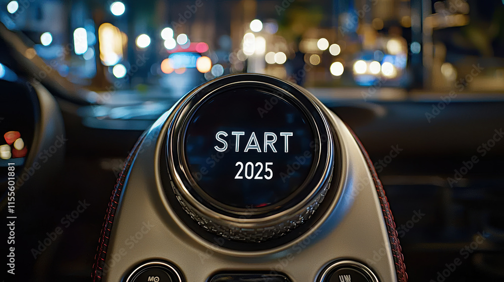Aufkleber close up of car dashboard display showing start 2025 illuminated at night, creating modern and sleek