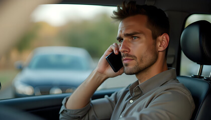 Man using mobile phone with serious expression while driving