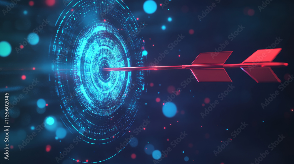 Poster hologram arrow and the target. an arrow and a target made of polygons, triangles of points, and line