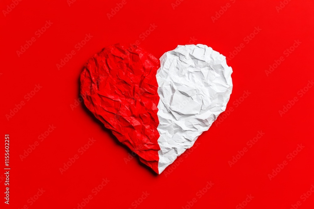Poster a minimalist flat design of two overlapping valentine hearts in vibrant red and white, creating a st