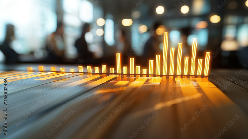 Poster 3d bar graph visualization with glowing bars in modern office setting, showcasing data analysis and 