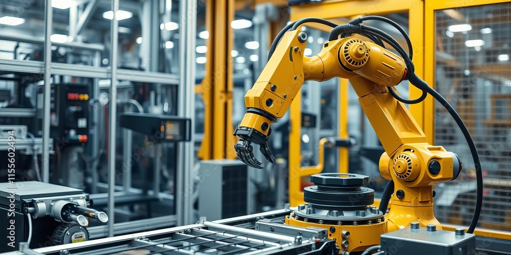 Poster robotic arm performing precision metalworking task in high tech automated industrial factory setting