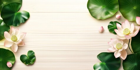 Pink lotus flowers and leaves on wooden background.