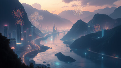 Fireworks in the night sky over the mountain and the river.