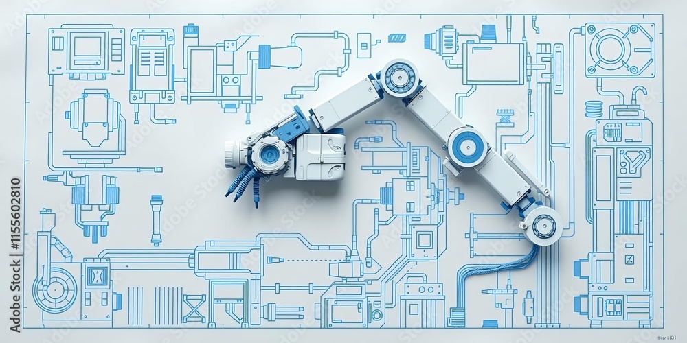 Poster robotic arm with precision technology working on blueprint in automated factory setting, manufacturi