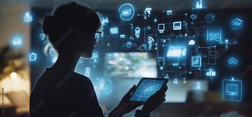 Poster a person interacts with a tablet while digital icons represent technology.