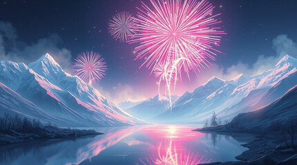 Fireworks in the night sky over the mountain and the river.