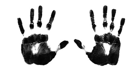 Black hand prints on a transparent background,  human palm and fingers isolated on a white background