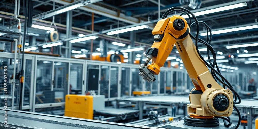 Poster robotic arm with multiple joints and sensors assembling products in a high-tech factory, smart, futu