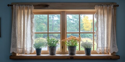 Delicate lace curtains frame a vintage window overlooking a serene landscape, complementing the...