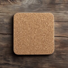Square cork coaster on rustic wooden background