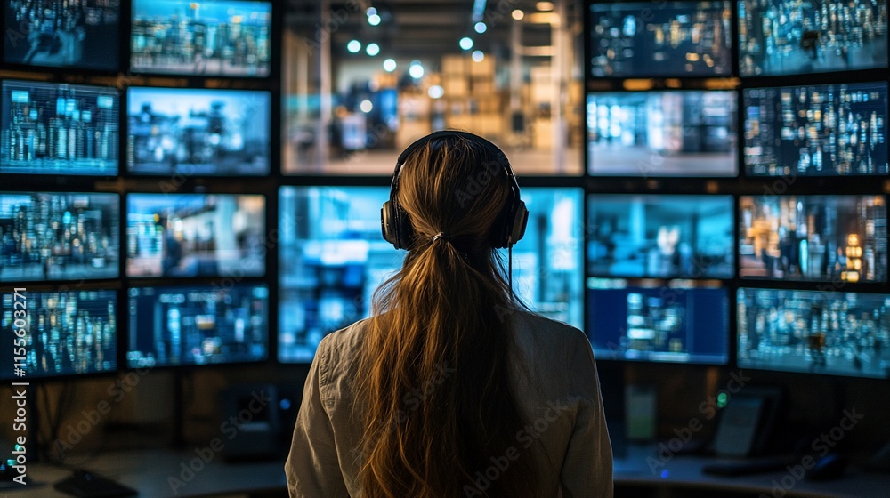 Poster a person monitors multiple screens in a control room setting.