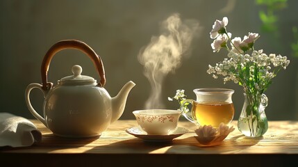 Fototapeta premium Serene tea setup with a steaming pot, cup, and fresh flowers in soft morning light.