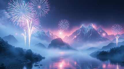 Fireworks in the night sky over the mountain and the river.