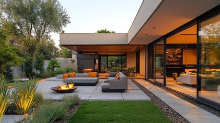 Modern outdoor lounge area featuring fire pit and comfortable seating in tranquil backyard setting