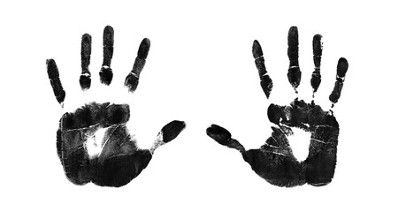 Black left and right-hand prints isolated on a transparent background, human palm and fingers, Handprint of adult. Human fingers and palm of hand.