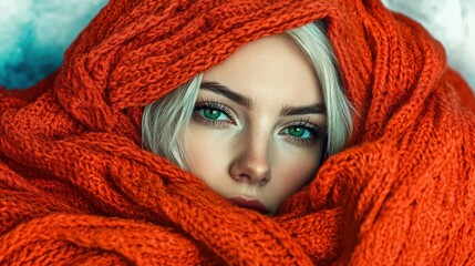 Fototapeta premium A woman is enveloped in an intricately woven red knit swath, her gaze intense amidst a cold backdrop, symbolizing resilience and artistic introspection.