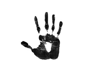Black hand print isolated on a transparent background, human palm and fingers, Handprint of adult. Human fingers and palm of hand.