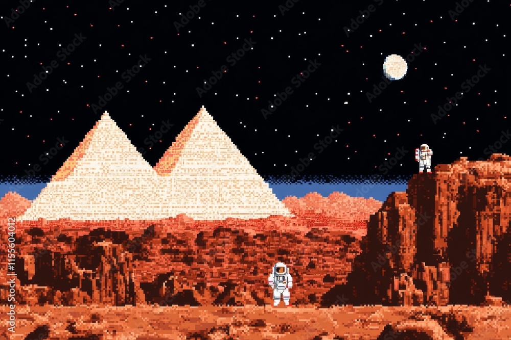 Poster a pixel art timeline of history with iconic moments like ancient pyramids, medieval castles, and ast