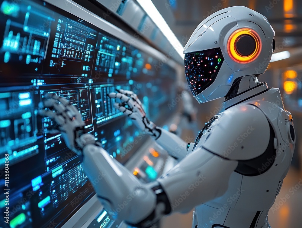 Poster a robotic arm interacts with digital interfaces in a vibrant lab filled with glowing panels