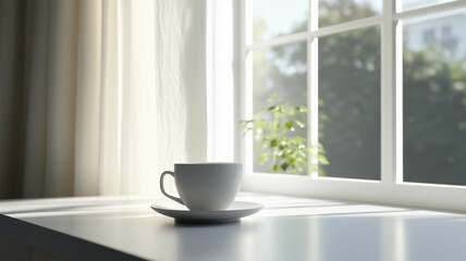自然光と清潔感が漂うミニマルなデスクとコーヒーのひととき