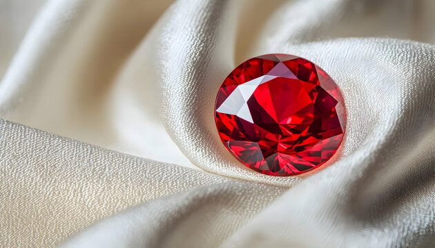 Sparkling red ruby gemstone rests on luxurious cream silk fabric.  Close-up view highlighting the gem's brilliance and rich color.