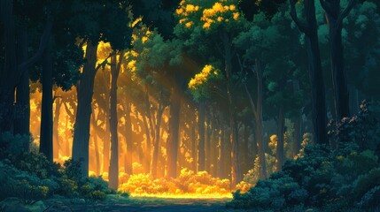Fototapeta premium Sunlit path through lush green forest. (1)